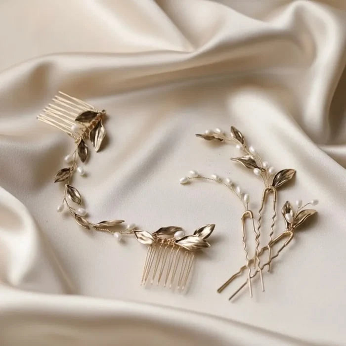 Antique Gold Bridal Hair Accessory Set – Vintage Pearl Hair Pins & Comb