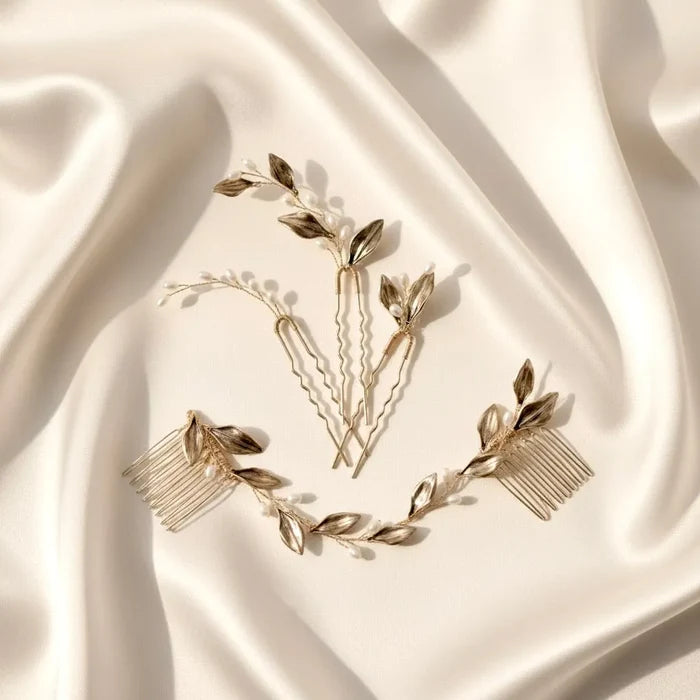 Antique Gold Bridal Hair Accessory Set – Vintage Pearl Hair Pins & Comb