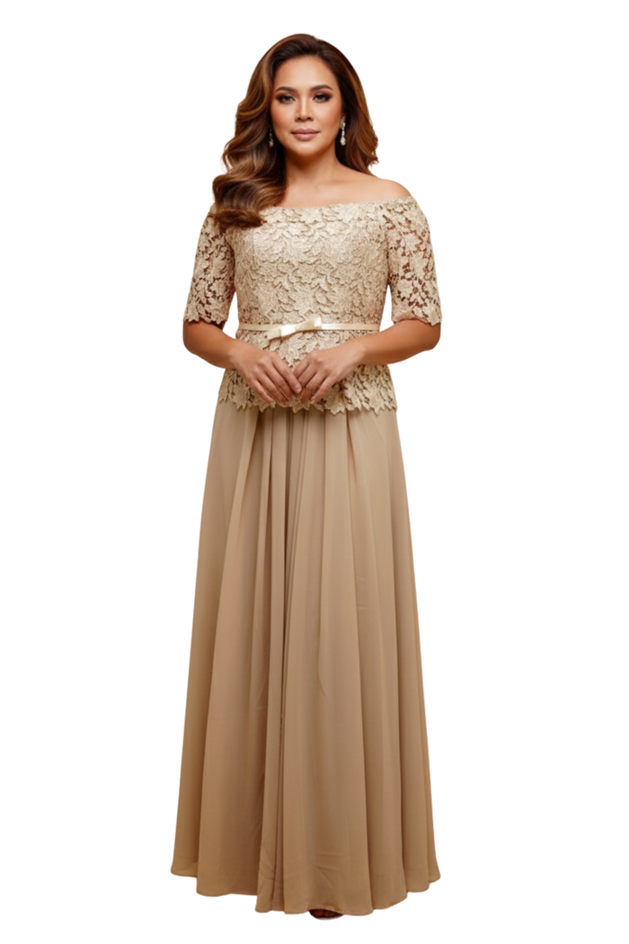 Lace Satin Off Shoulder Ninang Dress with Facemask - Mary - ML978