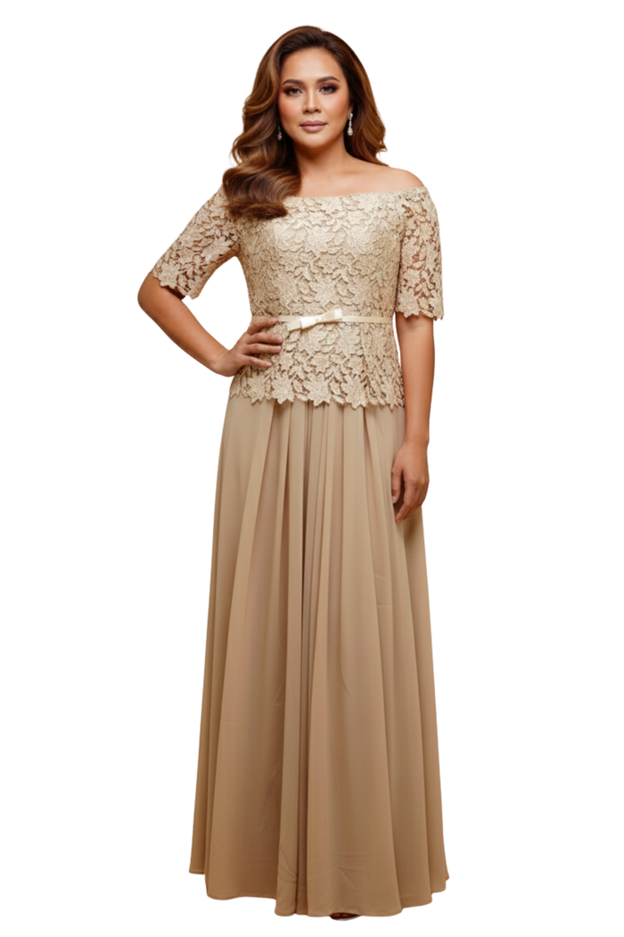 Lace Satin Off Shoulder Ninang Dress with Facemask - Mary - ML978