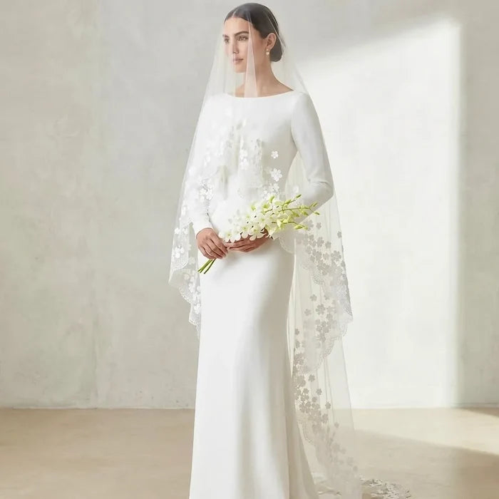 Wedding Veils - Bridal Lace and 3D Flowers Mantilla Veil - Cathedral Length