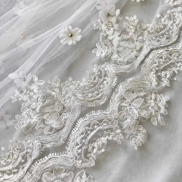 Wedding Veils - Bridal Lace and 3D Flowers Mantilla Veil - Cathedral Length