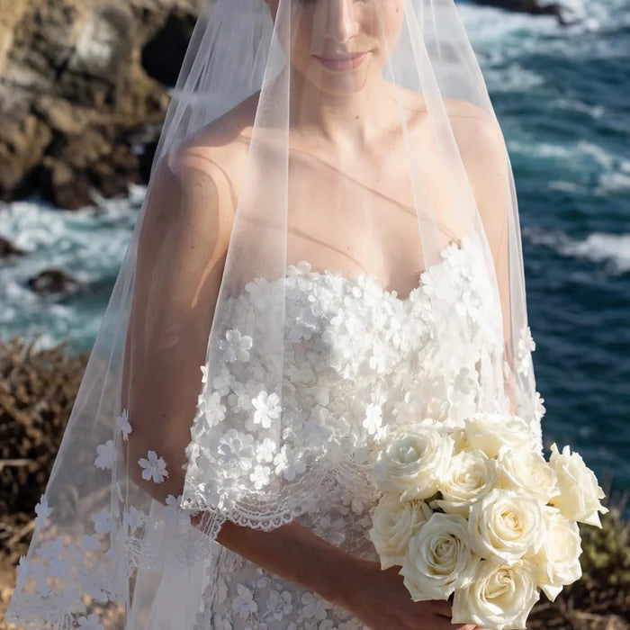 Wedding Veils - Bridal Lace and 3D Flowers Mantilla Veil - Cathedral Length