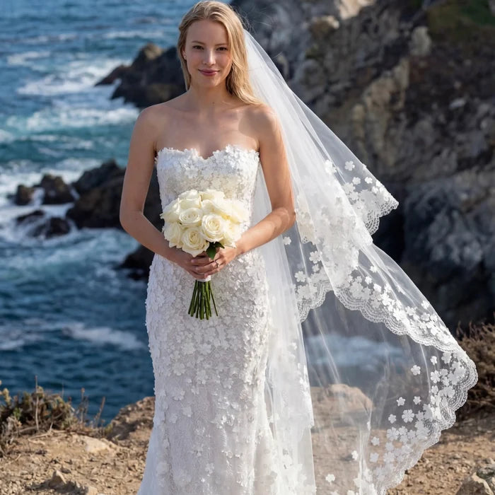 Wedding Veils - Bridal Lace and 3D Flowers Mantilla Veil - Cathedral Length