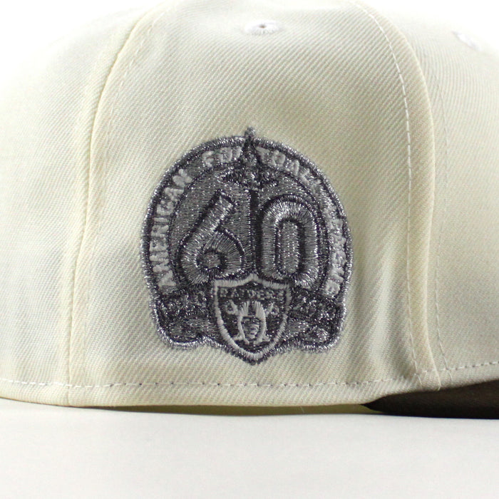 Las Vegas Raiders 60th Anniversary New Era 59Fifty Fitted Hat (Chrome White Walnut Brown Gray Under Brim)