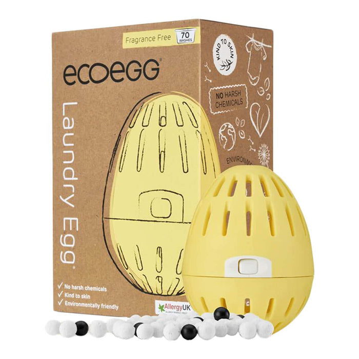 ecoegg laundry egg in yellow - fragrance free. Egg and pellets next to packaging on a white background.
