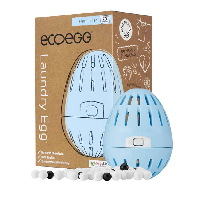 ecoegg laundry egg in blue - fresh linen fragrance. Egg and pellets next to packaging on a white background.