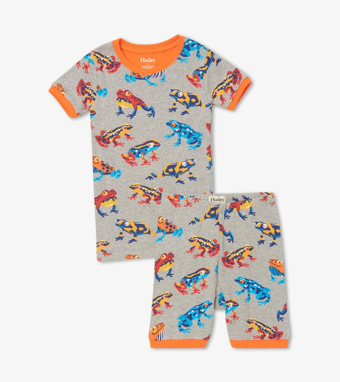 Hatley boys Leaping Frogs organic cotton short pajama set in Gray with orange trim and matching shorts.