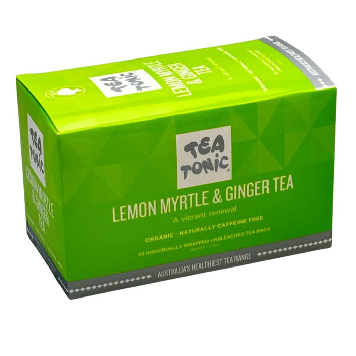Box of Tea Tonic Lemon Mrytle & Ginger Tea with 20 individually wrapped tea bags, caffeine free, vegan friendly, and gluten free.