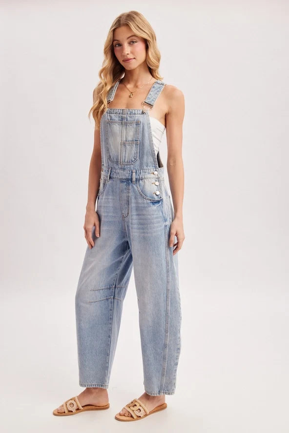 Light Wash Denim Barrel Overalls
