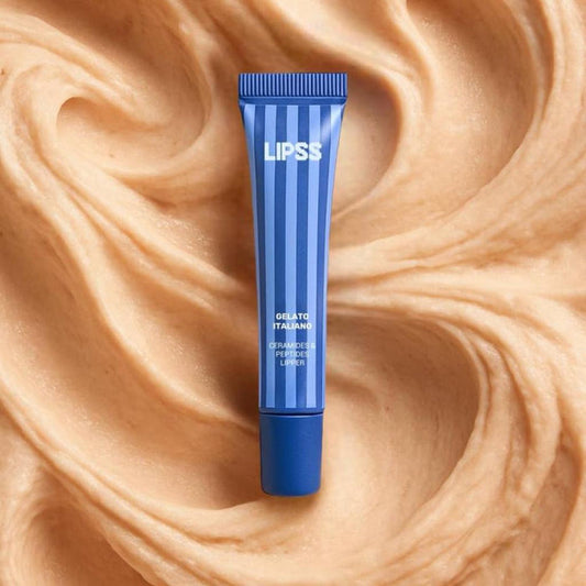 Blue lip gloss tube Lipss Gelato Italiano a swirled beige background