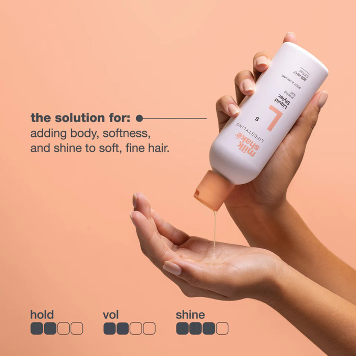 Hand holding a bottle of milk_shake liquid styler with text on a peach background