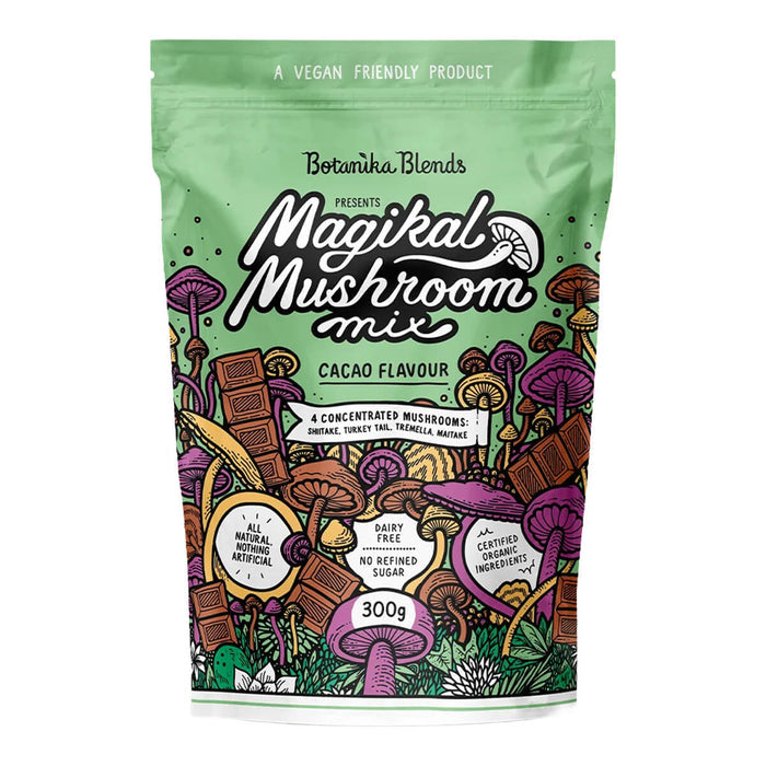300g bag of Botanika Blends Magikal Mushroom Mix in Cacao flavour, combining organic shiitake, turkey tail, tremella, and maitake mushrooms with organic raw cacao and coconut milk, allowing you to simply add hot water for a delicious hot chocolate drink in an instant.