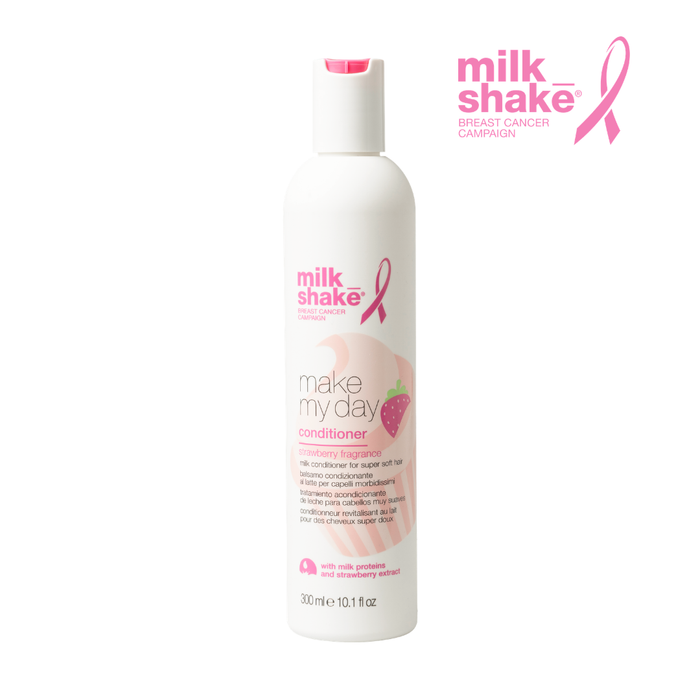 milk_shake 'Make My Day' conditioner bottle with pink ribbon on a white background