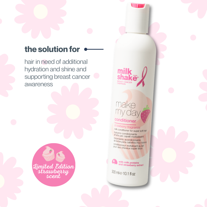 milk_shake conditioner bottle with pink flowers and text on a white background