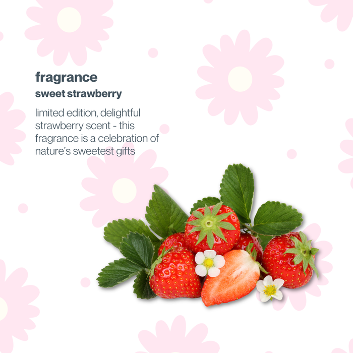 Strawberries with green leaves and flowers on a white background with pink floral patterns and text about a fragrance.