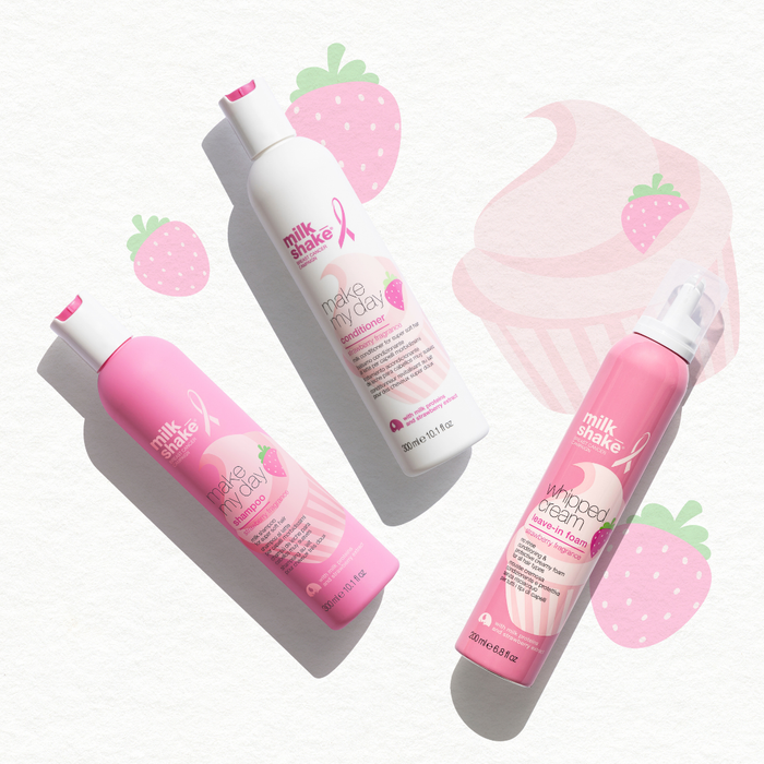 Three bottles of 'milk_shake' strawberry cream products on a white background with strawberry graphics.