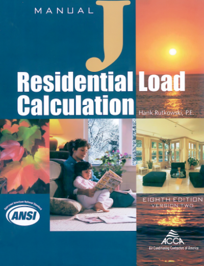 Cover of Residential Load Calculation Manual 8th edition with family, sunset, and home interior images on blue background