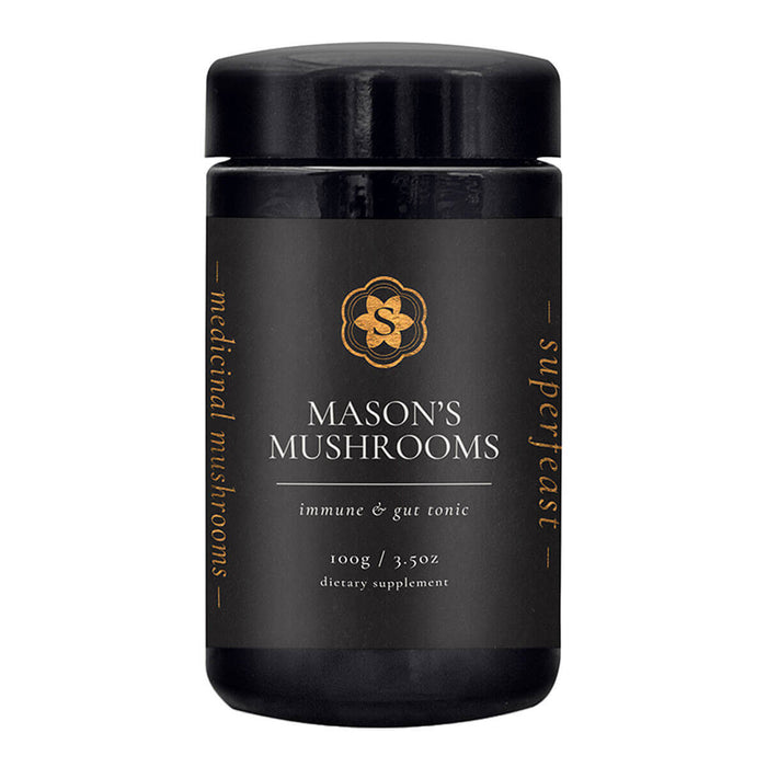 Black container of Mason's Mushrooms dietary supplement on a white background