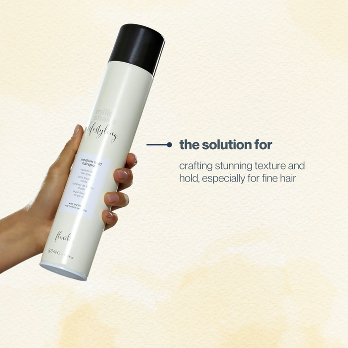 milk_shake Hand holding a bottle of hair product with text on a gradient background