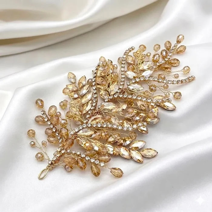 Champagne Crystal Bridal Hair Accessory in Gold | Left, Right or Pair