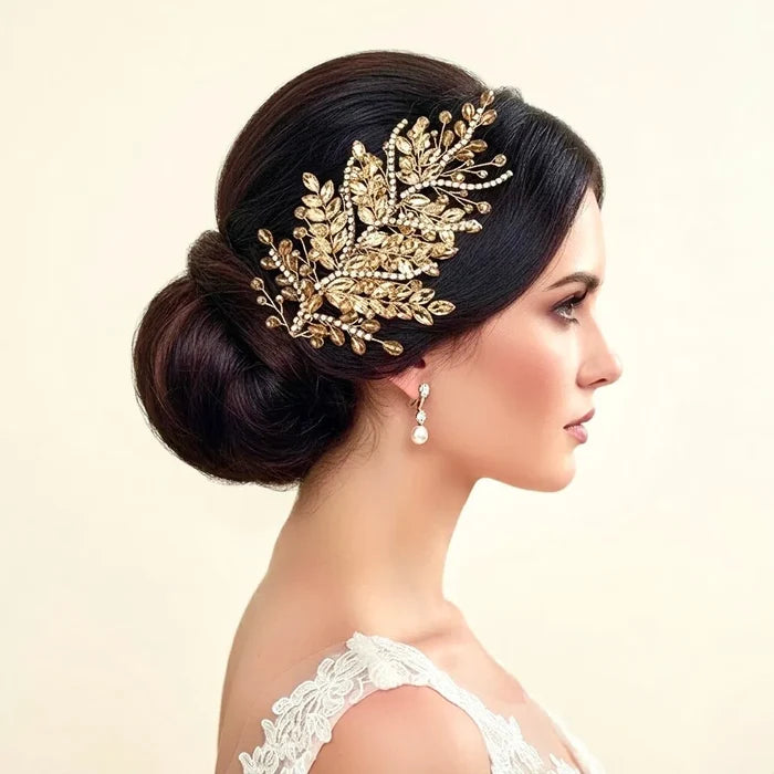 Champagne Crystal Bridal Hair Accessory in Gold | Left, Right or Pair