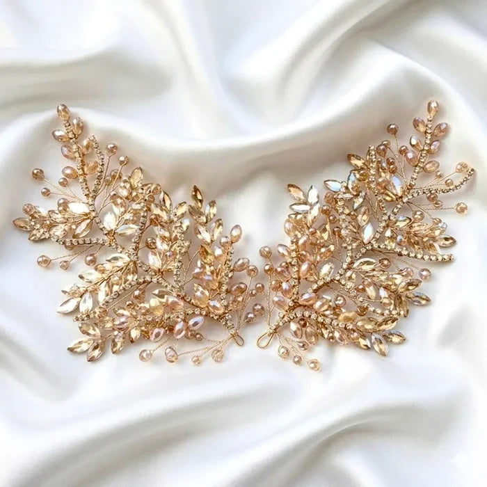 Champagne Crystal Bridal Hair Accessory in Gold | Left, Right or Pair