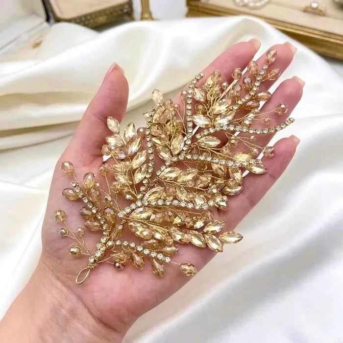 Champagne Crystal Bridal Hair Accessory in Gold | Left, Right or Pair