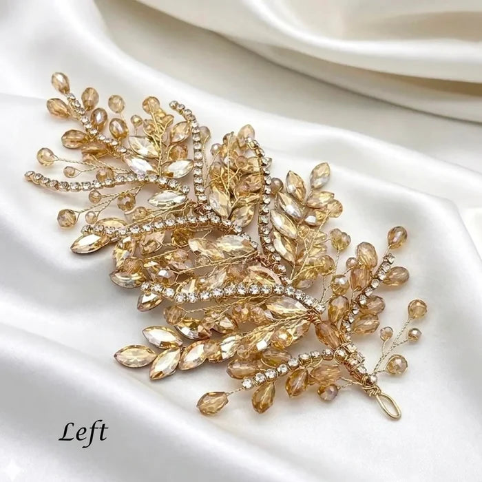 Champagne Crystal Bridal Hair Accessory in Gold | Left, Right or Pair