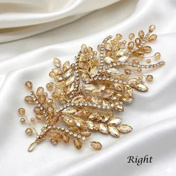 Champagne Crystal Bridal Hair Accessory in Gold | Left, Right or Pair