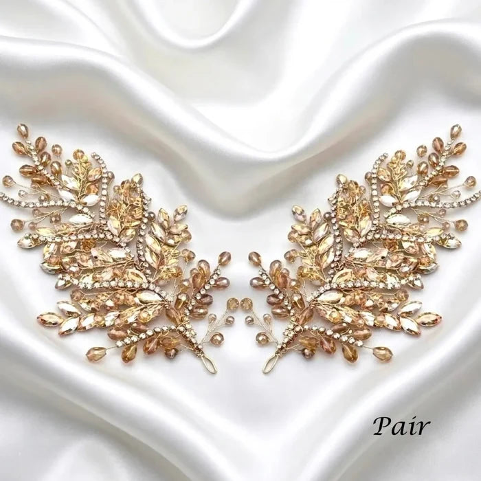 Champagne Crystal Bridal Hair Accessory in Gold | Left, Right or Pair
