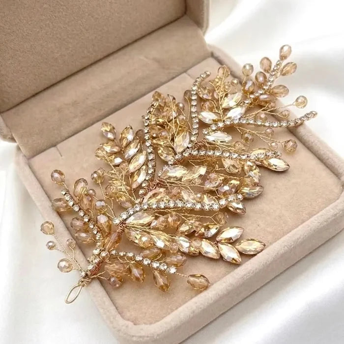 Champagne Crystal Bridal Hair Accessory in Gold | Left, Right or Pair