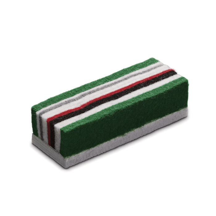 Chalkboard eraser with green, white, black, red, and grey felt on a white background