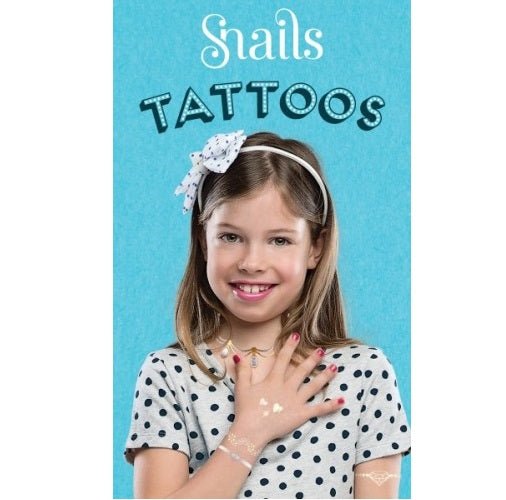 Snails branded packaging featuring a child in a polka dot shirt wearing metallic temporary tattoos