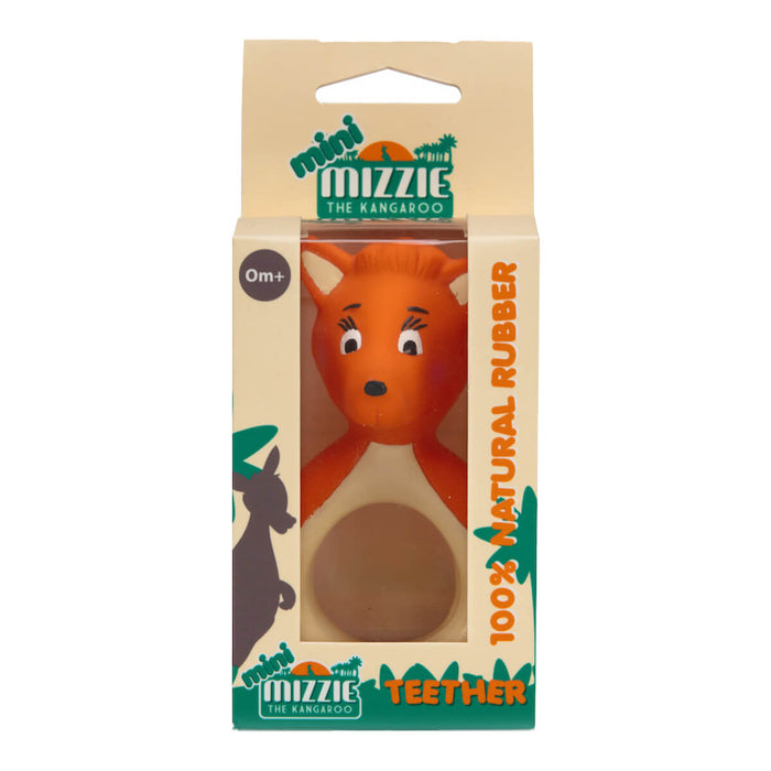Mizzie The Kangaroo Mini Mizzie Baby Teether in its box, a teether made from 100% natural rubber, designed to soothe sore gums naturally.