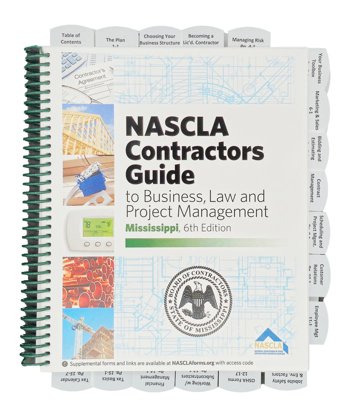 Spiral-bound NASCLA Contractors Guide for Mississippi business, law, and project management with construction images and tabs