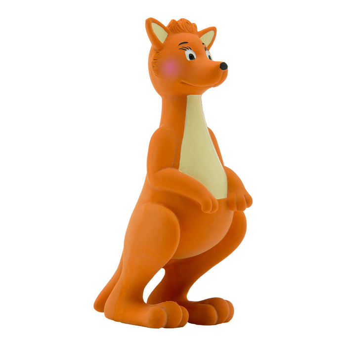 Side view of Mizzie The Kangaroo Teething Toy, an award-winning, natural teething toy specifically designed to support babies. Made from 100% natural rubber and water-based, non-toxic dyes.