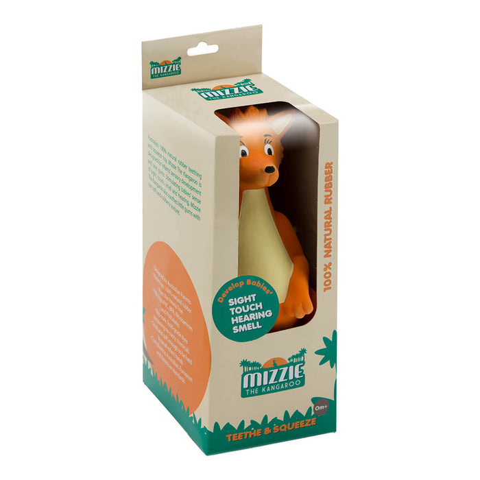 Mizzie The Kangaroo Teething Toy in its box, an award-winning, natural teething toy specifically designed to support babies. Made from 100% natural rubber and water-based, non-toxic dyes.