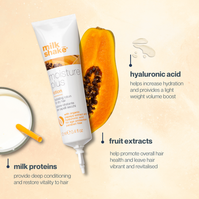 milk_shake  moisture plus lotion tube with a papaya half on a beige background