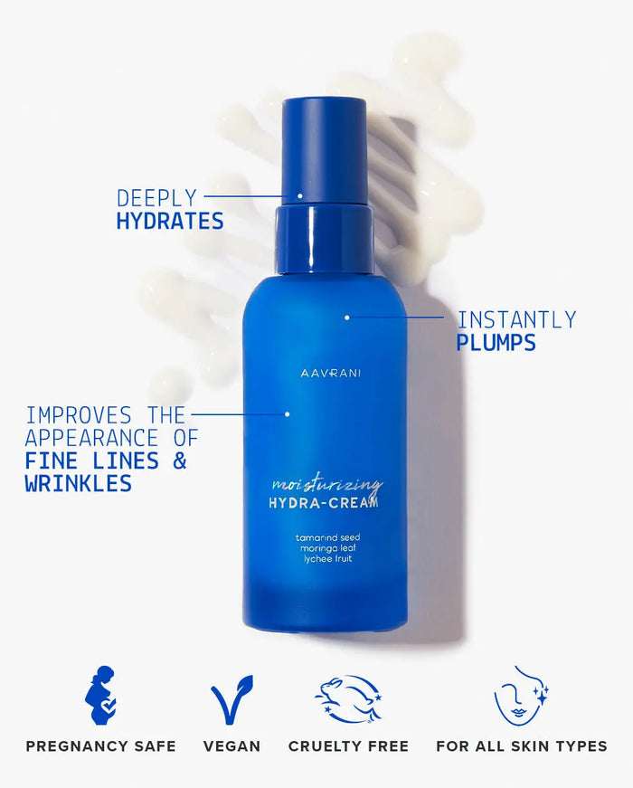 AAVRANI Moisturizing Hydra-Cream Infographic with product benefits. Deeply Hydrates, Instantly Plumps, Improves the appearance of fine lines & wrinkles. Pregnancy Safe, Vegan, Cruelty Free, For All Skin Types.