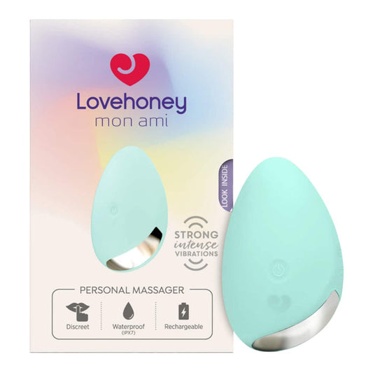Lovehoney mon ami personal massager with packaging on a white background.