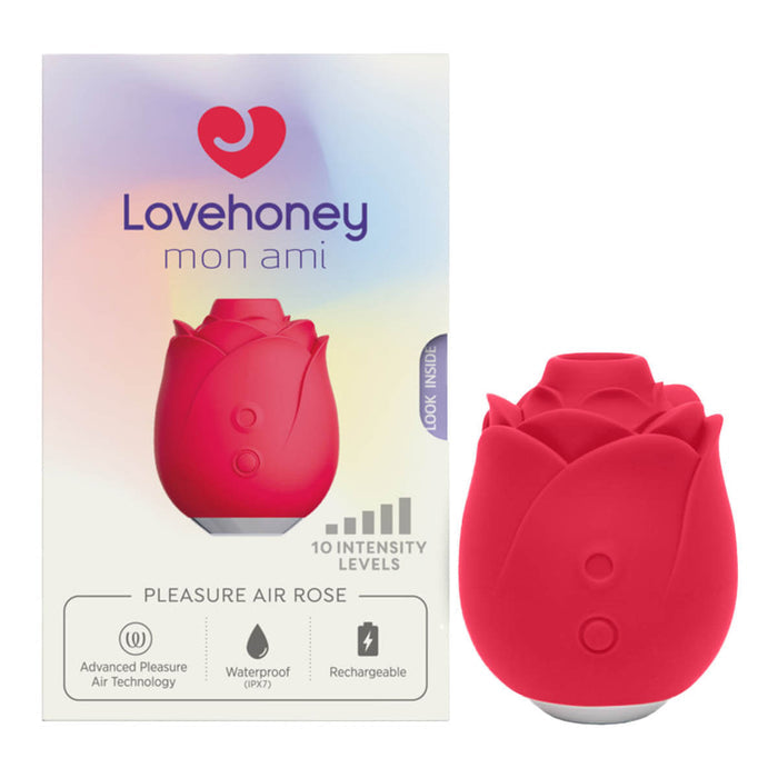 Red rose-shaped device with packaging labeled Lovehoney mon ami on a white background.