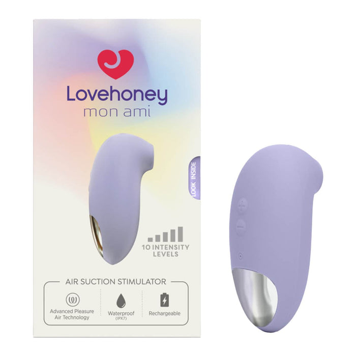 Purple air suction stimulator with Lovehoney packaging on a white background.