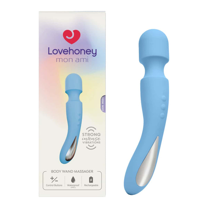 Blue body wand massager with Lovehoney packaging on a white background.
