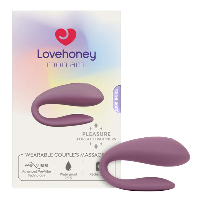 Purple wearable couple's massager with Lovehoney packaging on a white background.