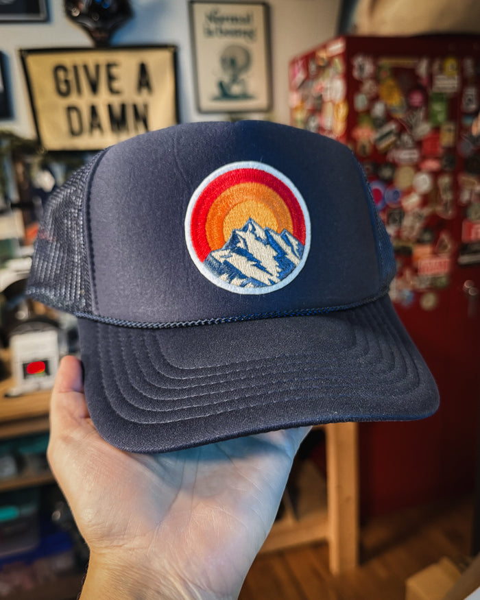 Mountain Sunset Blue Ridge Mountains navy blue trucker hat by Le Monkey House