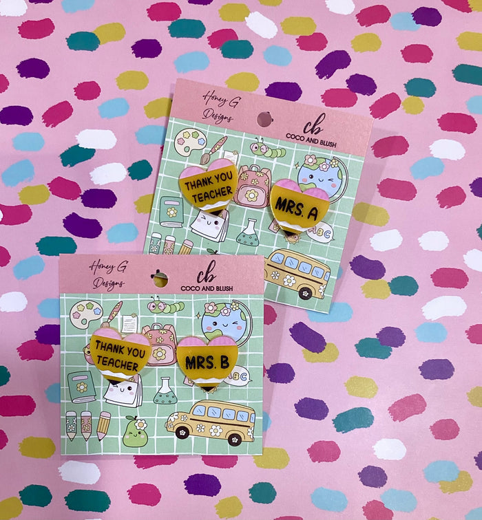 Mrs heart initial teacher earrings
