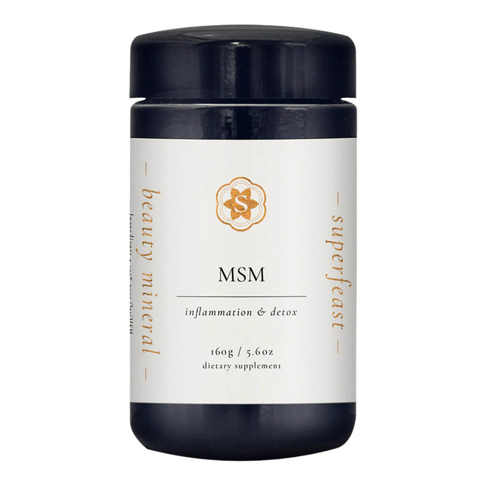 Supplement container labeled 'MSM' by 'superfeast' on a white background
