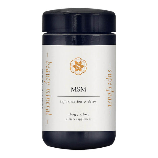 Supplement container labeled 'MSM' by 'superfeast' on a white background