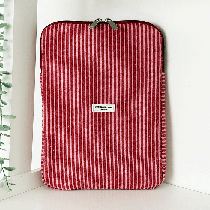 Mulberry Stripes TOWEL iPad sleeve by Coconut Lane, quilted fabric with striped pattern, on a white background.